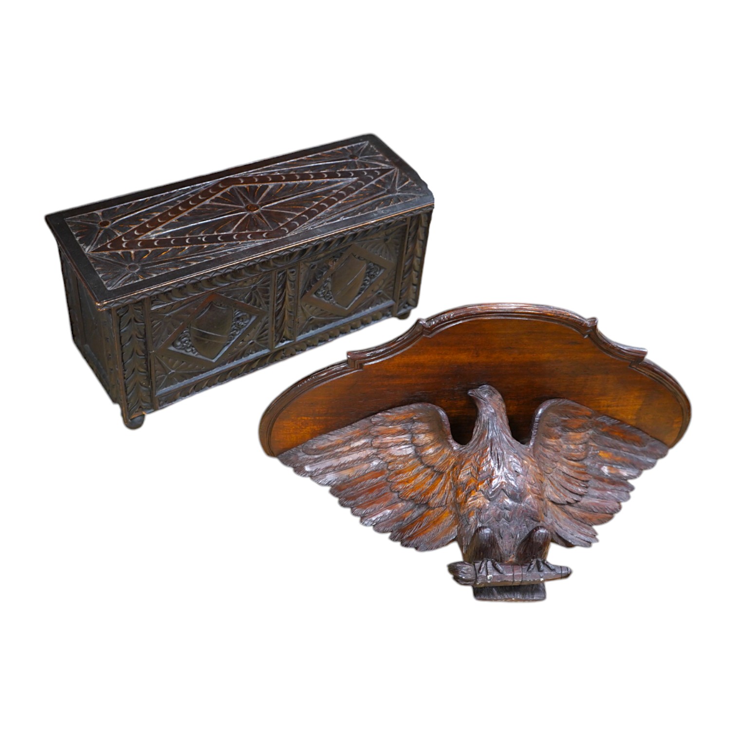 A late 19th century carved walnut and beech eagle wall bracket and a miniature coffer, largest 37cm wide. Condition - fair